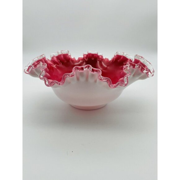 Fenton Cranberry Silver Crest Ruffle Crimped 10” Bowl - Picture 2 of 4
